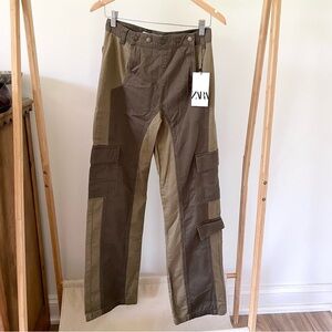 NWT Zara Contrast Cargo Straight Leg Pants in Army Green - 4